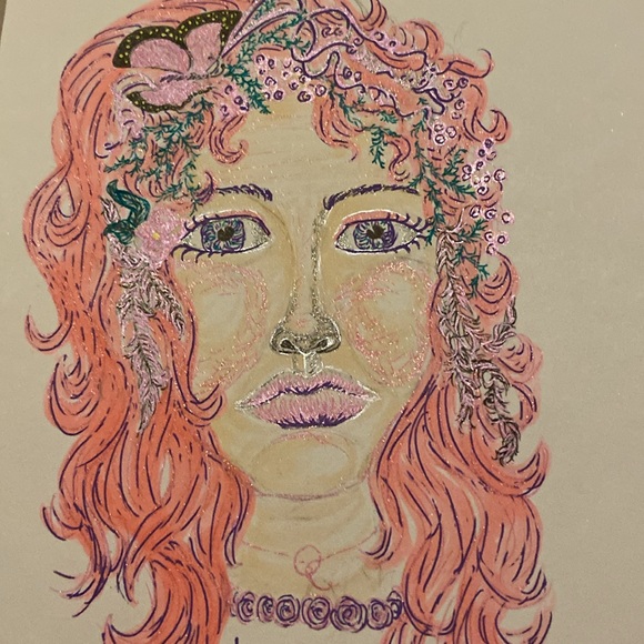 Unframed Original Glittering Butterfly & Feathered Pink Haired Girl Portrait - Picture 3 of 6